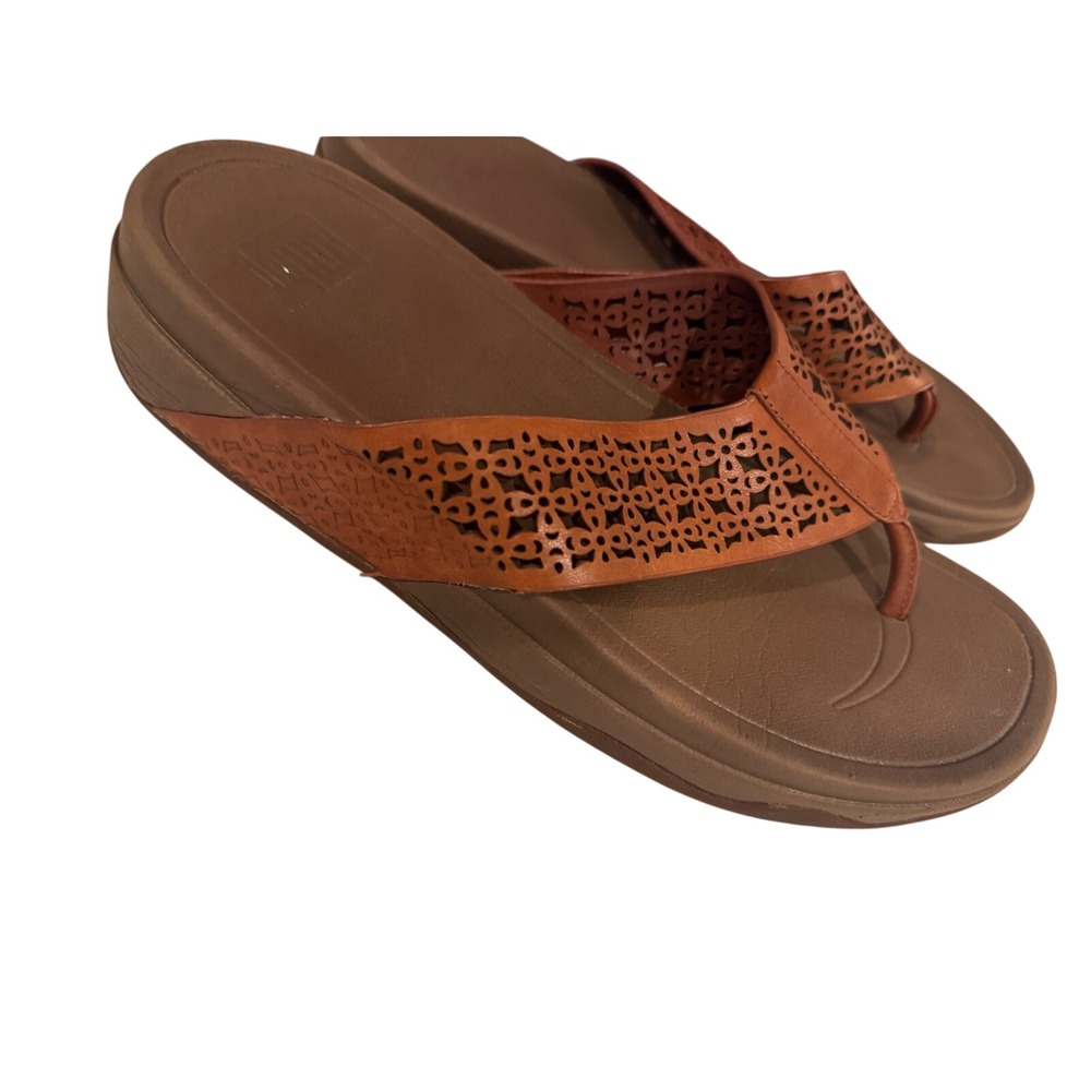 FitFlop Lulu Tan Leather Laser Cut Thong Platform Sandals Womens Brown